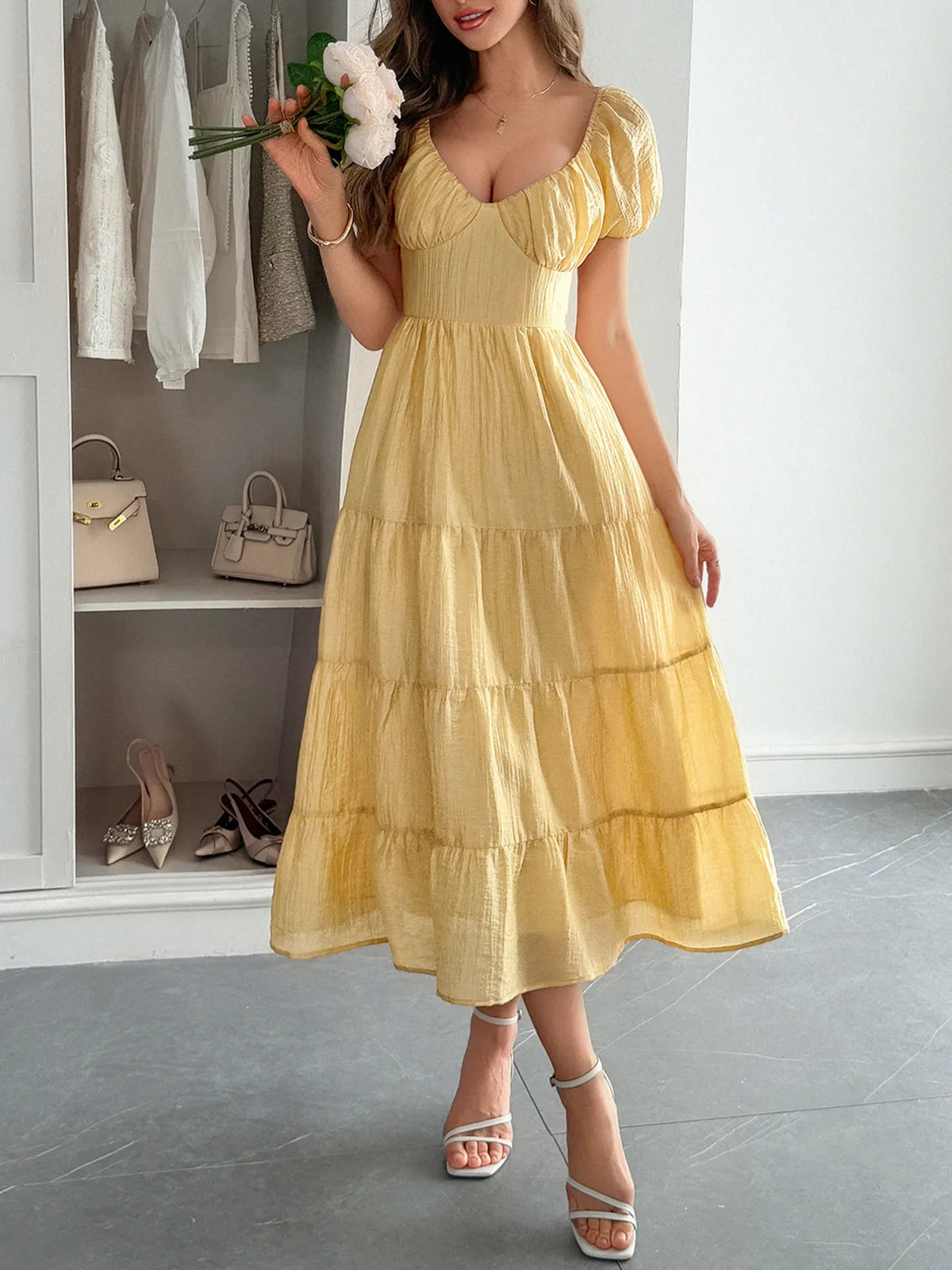 Backless Tiered Puff Sleeve Midi Dress