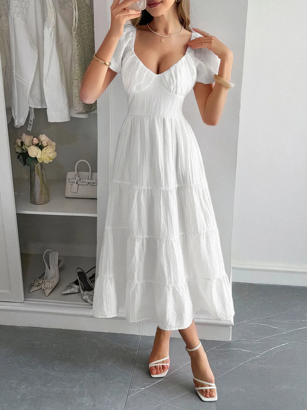 Backless Tiered Puff Sleeve Midi Dress