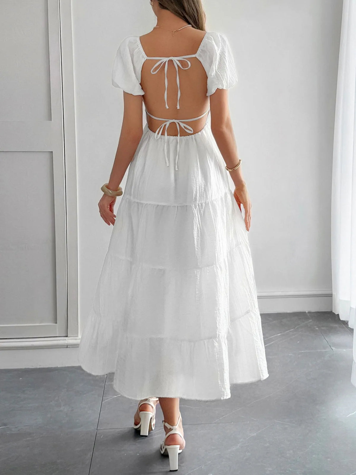 Backless Tiered Puff Sleeve Midi Dress
